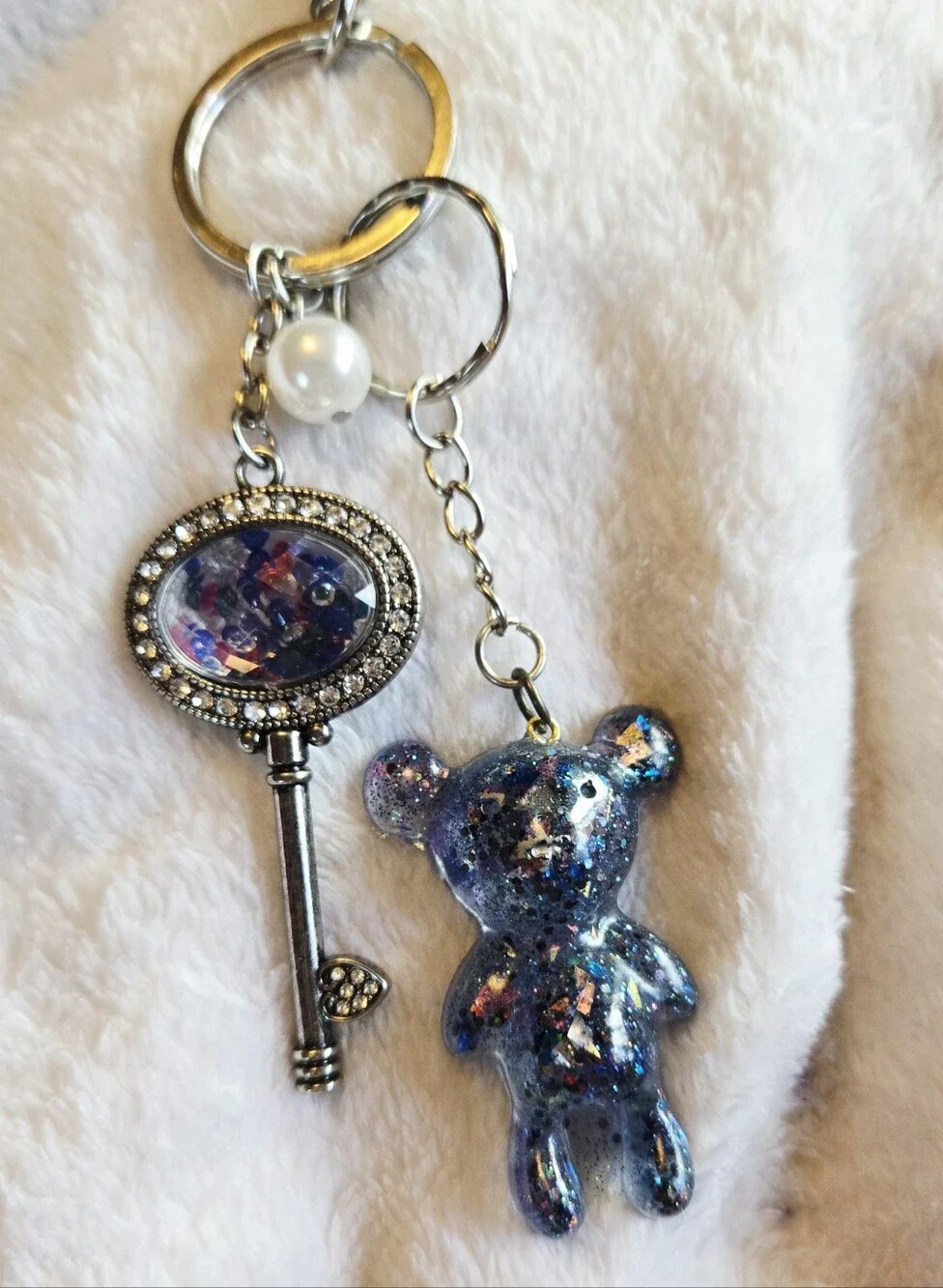 Handmade Blue Glitter Bear Keychain with Decorative Key Charm